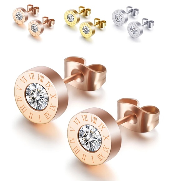 Dainty Roman Numeral Crystal Stud Earrings - Picture 1 of 7